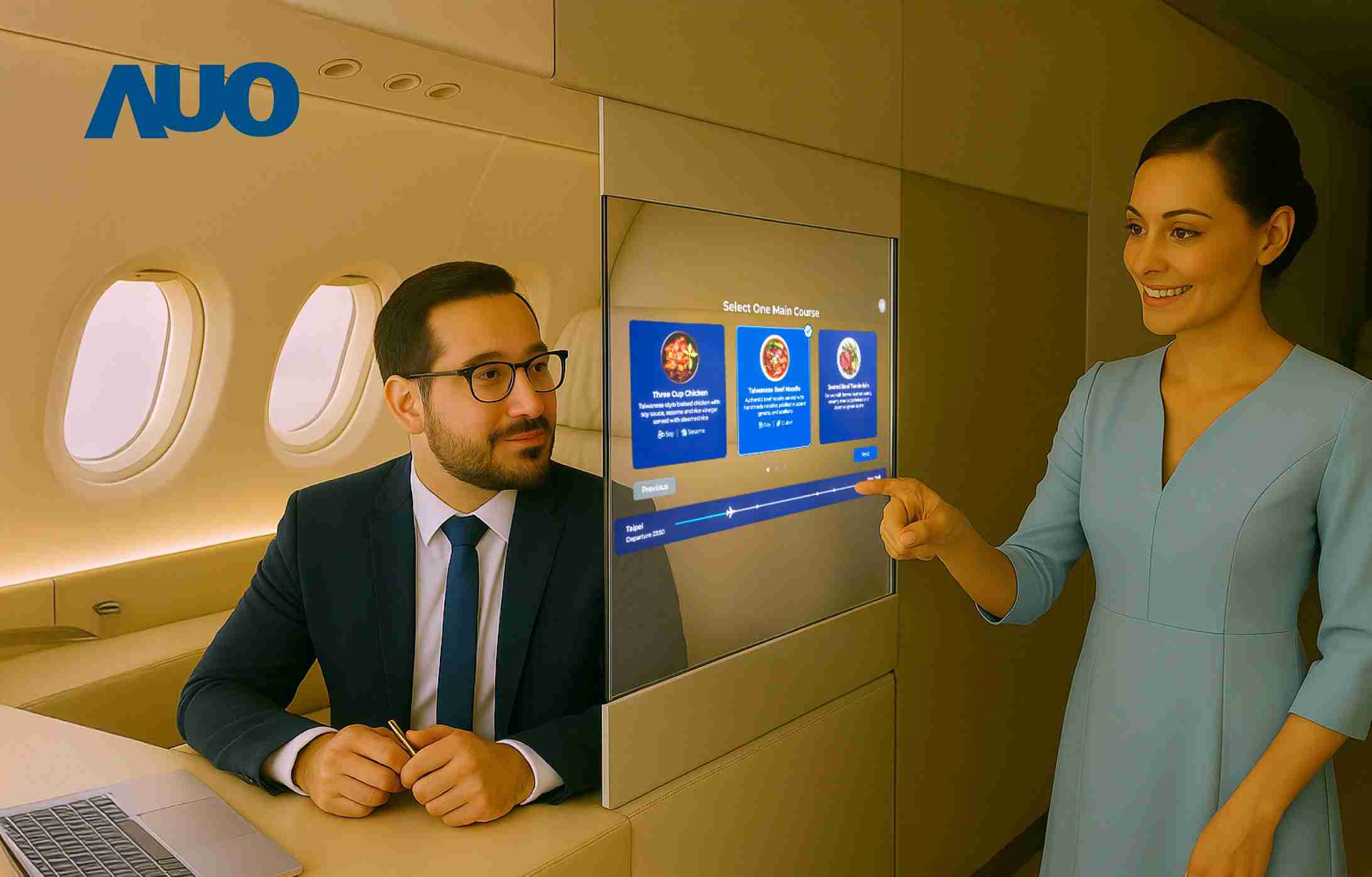 龙门国际研发全球最薄17.3 吋双面透明 Micro LED 显示器，，可在同一屏幕之双边投射不同信息，，创造独特的”透明化”互动；图为实时翻译交流应用情境